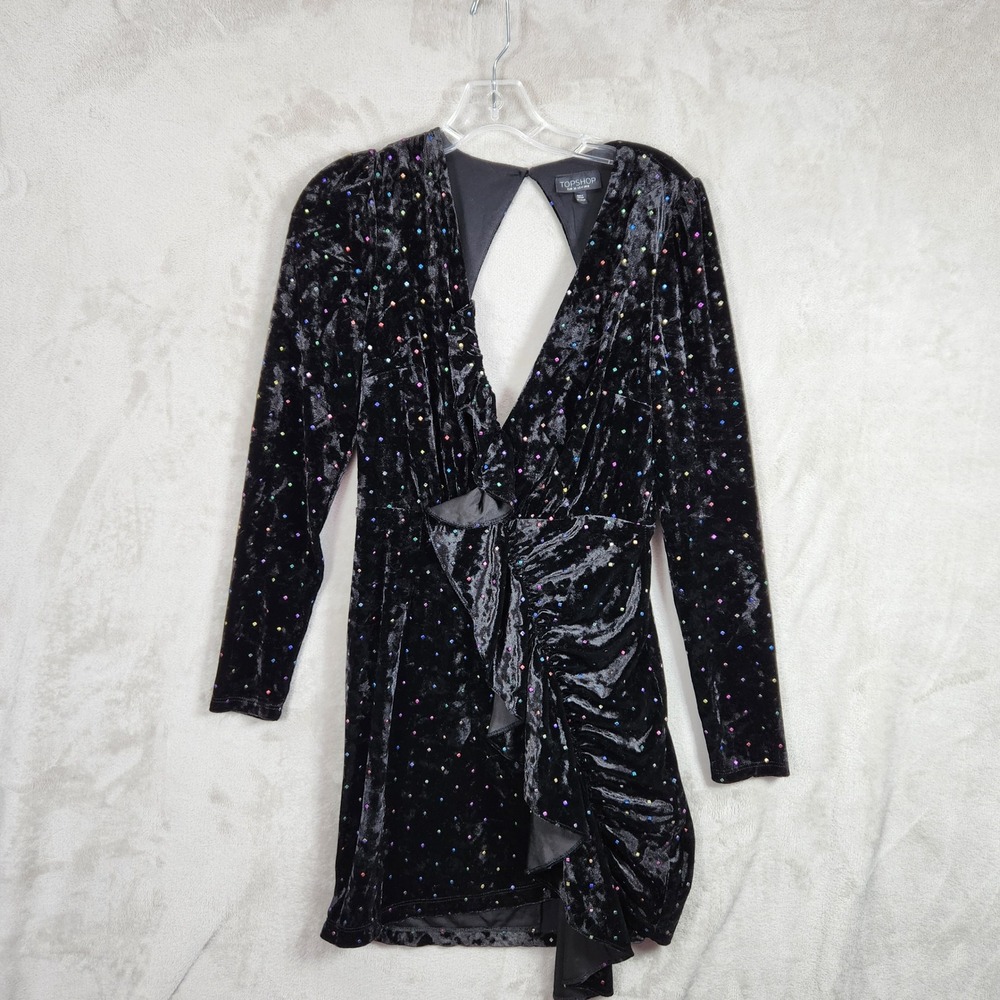 Topshop Velvet Mini Dress Womens 4 Black Rainbow‎ Studded Open Back Party Club